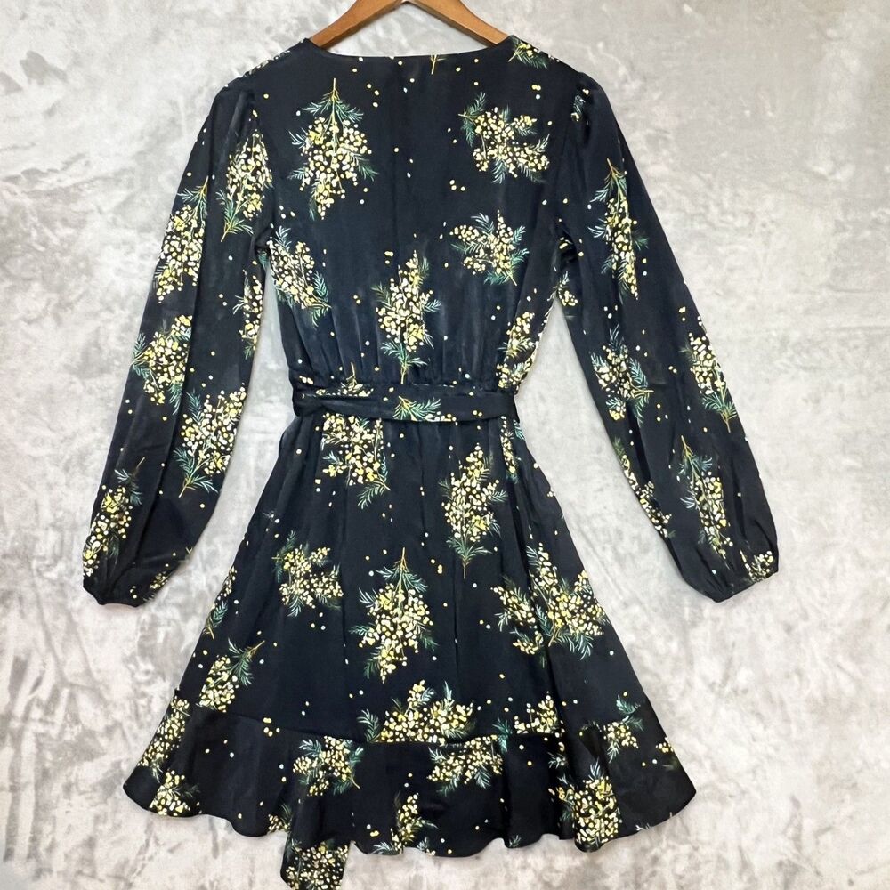 Lauren Conrad Black Floral Balloon Sleeve Wrap Dress with Belt Womens Size XS - Picture 7 of 10